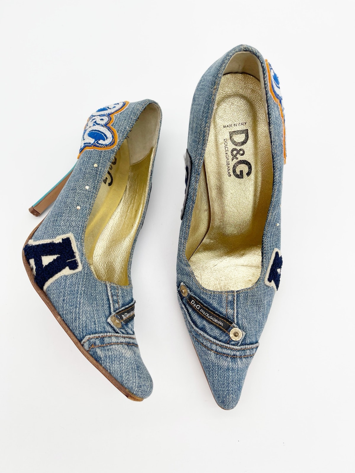 D&G Dolce & Gabbana Vintage Y2k Blue Denim Logo Patch Pointed Toe Pumps It 36